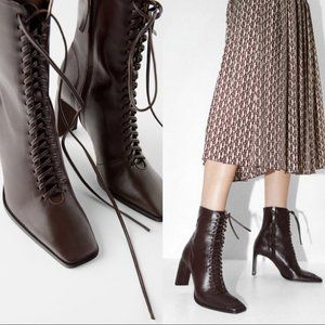 Zara Leather Dark Brown Lace Up Mid Ankle Booties with Wide High Heel